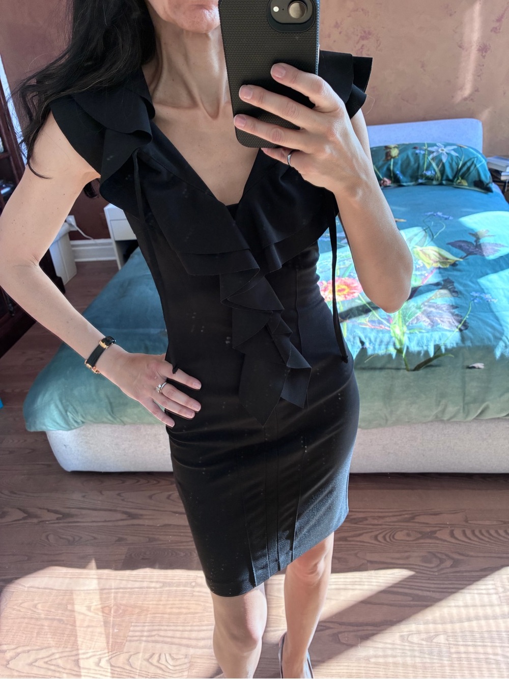 Rinascimento Black Ruffle V-Neck Mini Dress